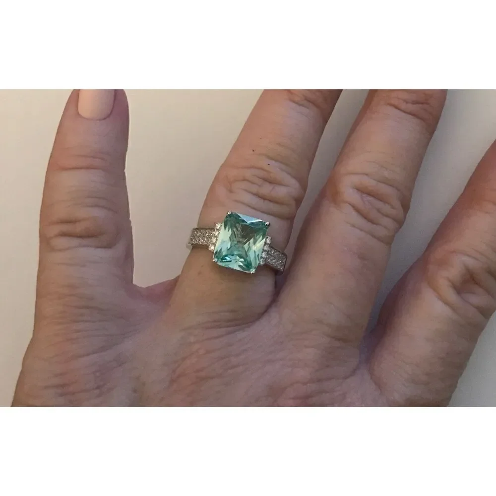 Gorgeous 5.08 Ct. Seafoam Green Spinel & Sim Diamond Engagement Ring Sz 8~.925SS